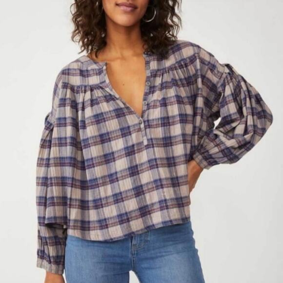 Free People Jessi Plaid Top Grey Combo Balloon Sleeves Oversized Size XS Cotton - Picture 1 of 15